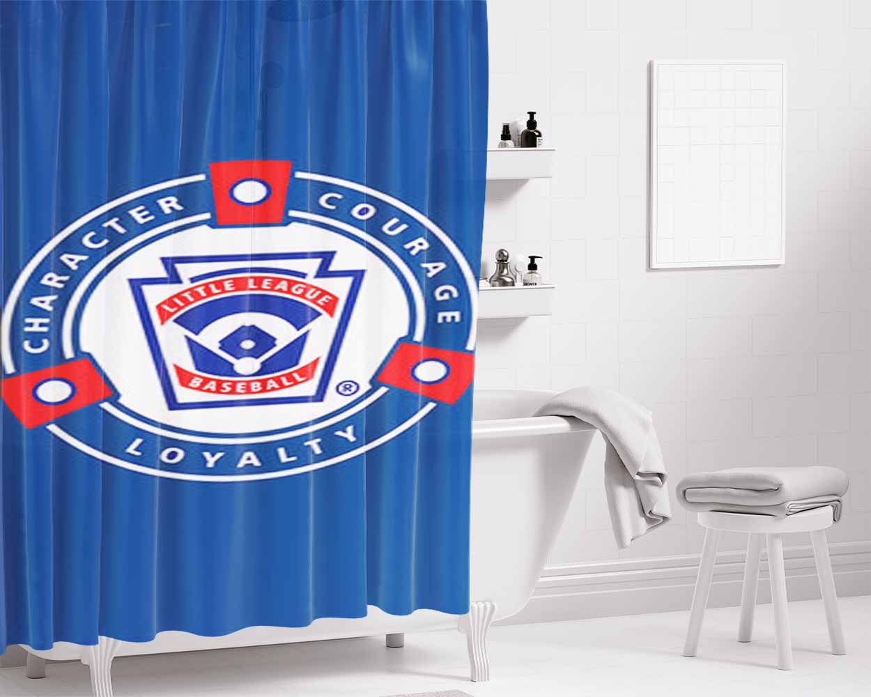 Character Corage Loyalty Baseball Logo Blue Bathroom Shower Curtain Fabric Waterproof | 66 X 72 Inch