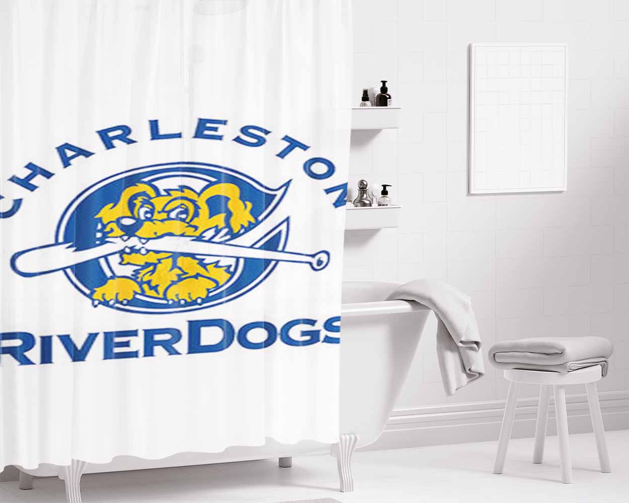 Charleston River Dogs Baseball Logo White Bathroom Shower Curtain Fabric Waterproof | 66 X 72 Inch