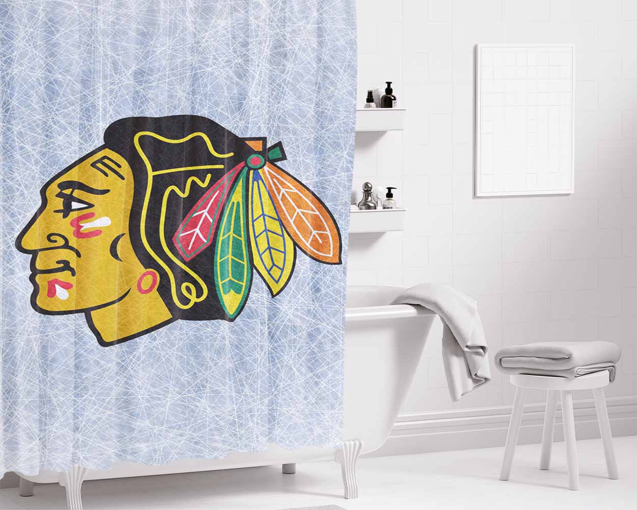 Chicago Blackhawks Ice Texture Logo Bathroom Shower Curtain Fabric Waterproof | 66 X 72 Inch