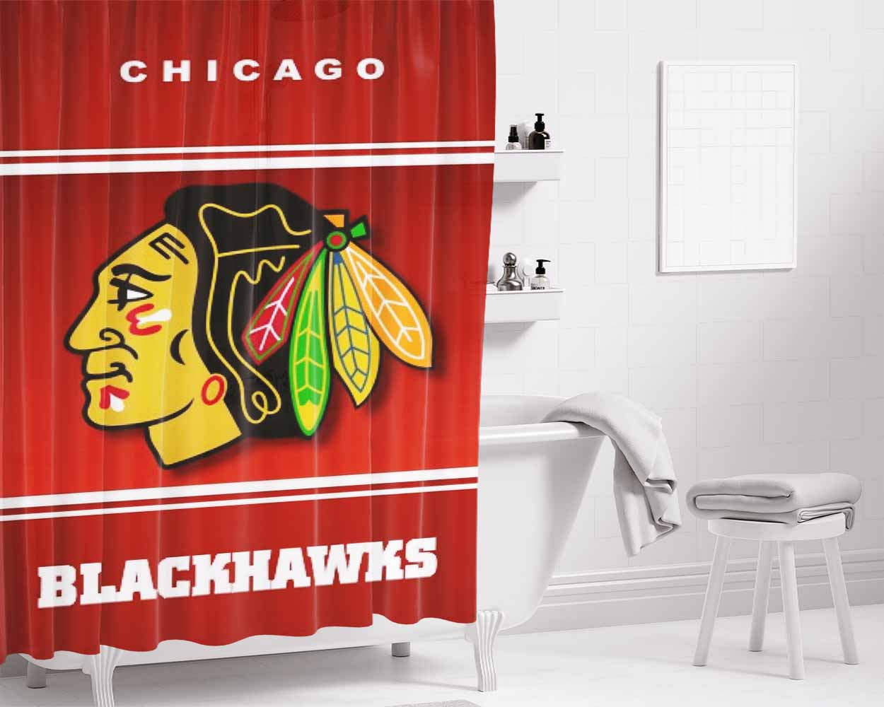 Chicago Blackhawks Nhl Ice Hokey Bathroom Shower Curtain Fabric Waterproof | 66 X 72 Inch