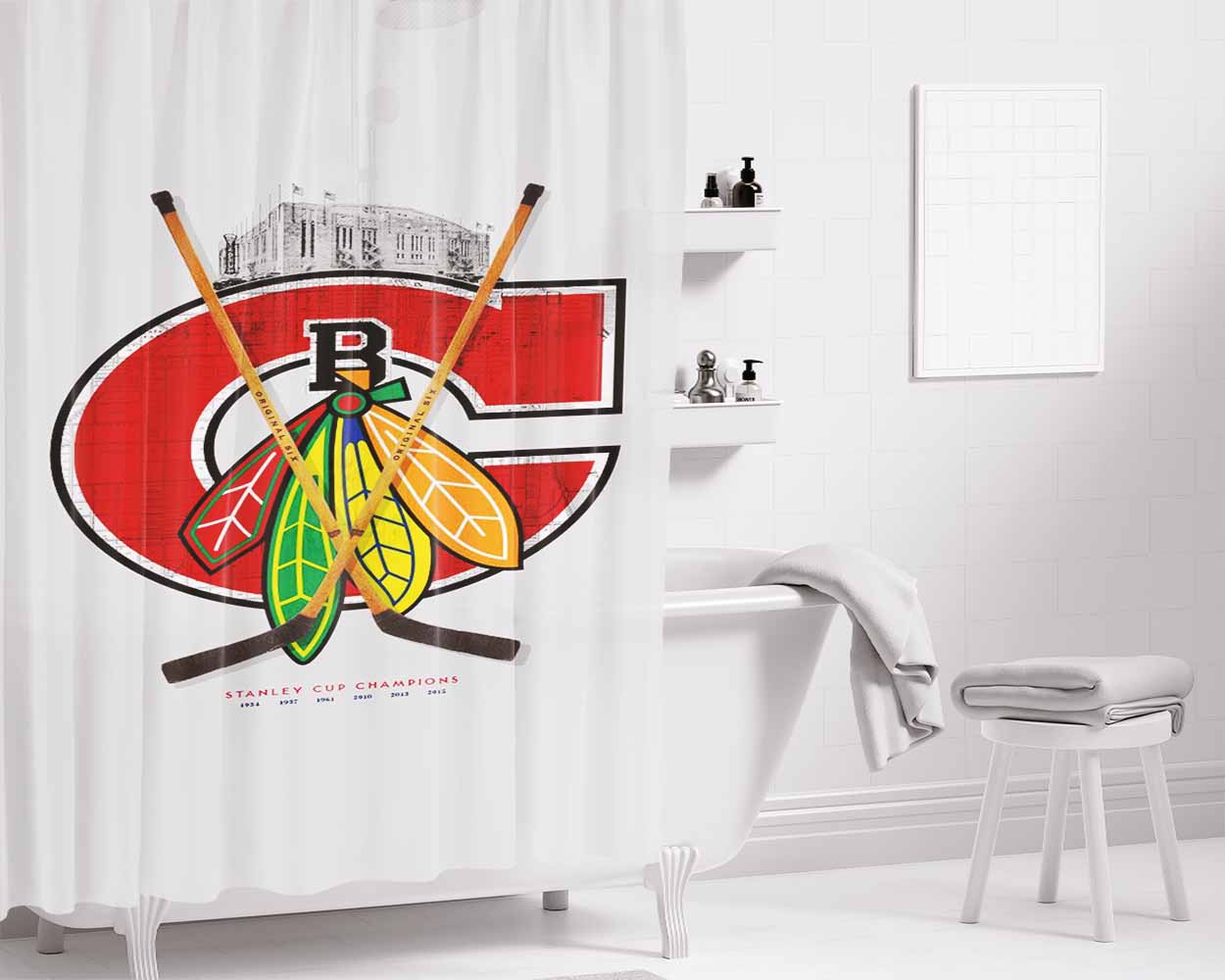Chicago Blackhawks Stanley Cup Champions Bathroom Shower Curtain Fabric Waterproof | 66 X 72 Inch