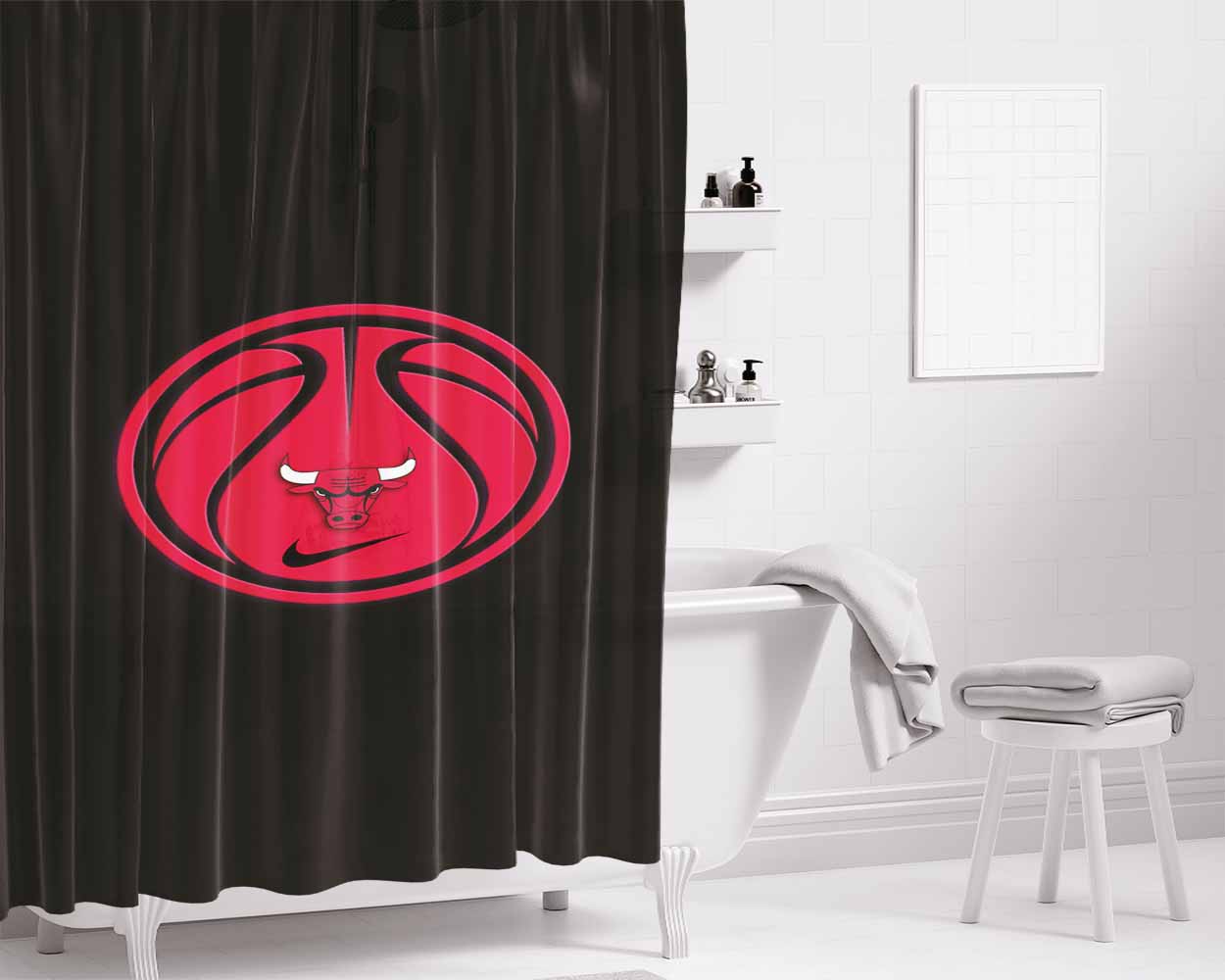 Chicago Bulls Basket Bathroom Shower Curtain Fabric Waterproof | 66 X 72 Inch
