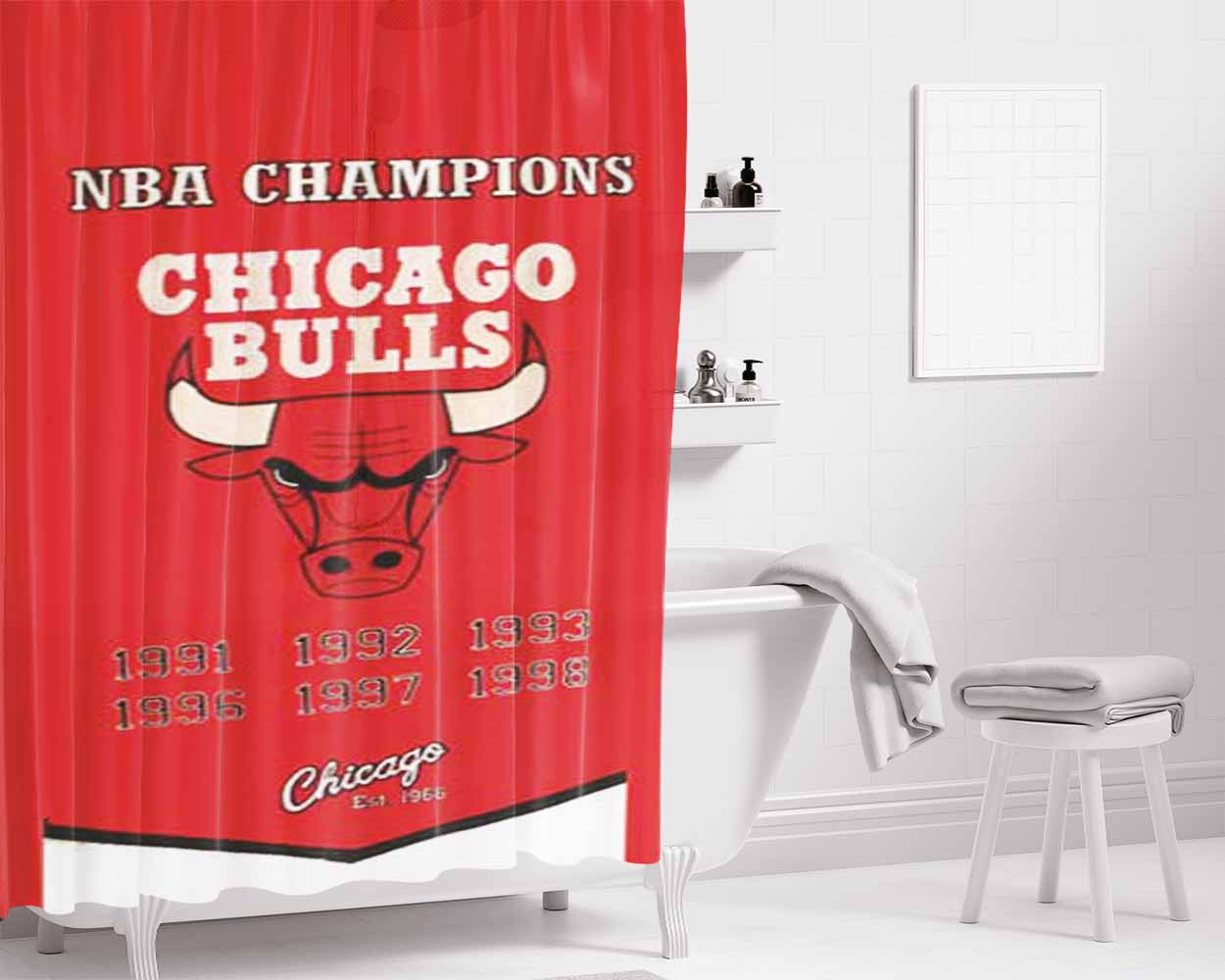 Chicago Bulls Championship Banner Bathroom Shower Curtain Fabric Waterproof | 66 X 72 Inch