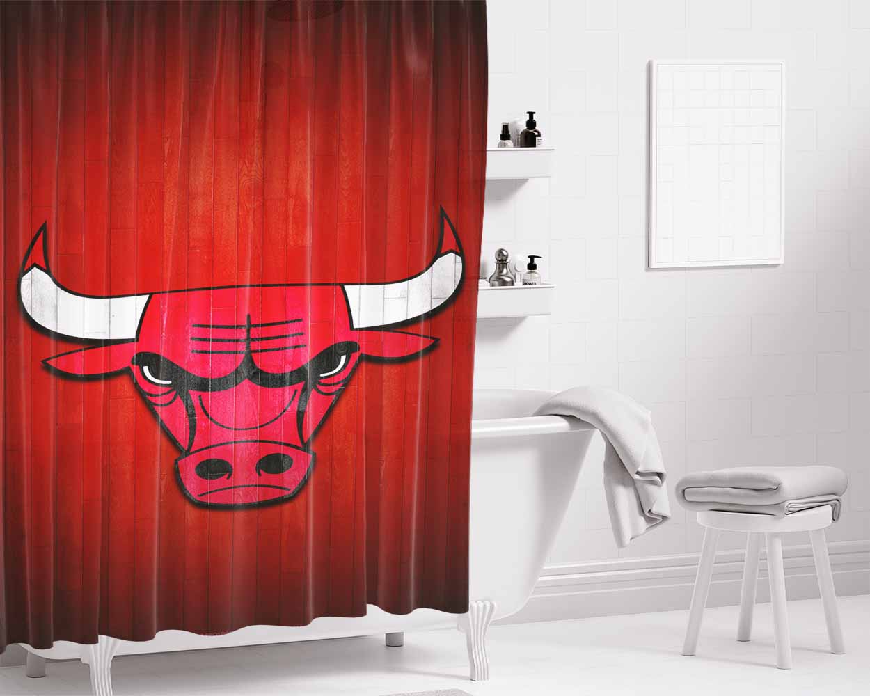 Chicago Bulls Hardwood 2 Bathroom Shower Curtain Fabric Waterproof | 66 X 72 Inch