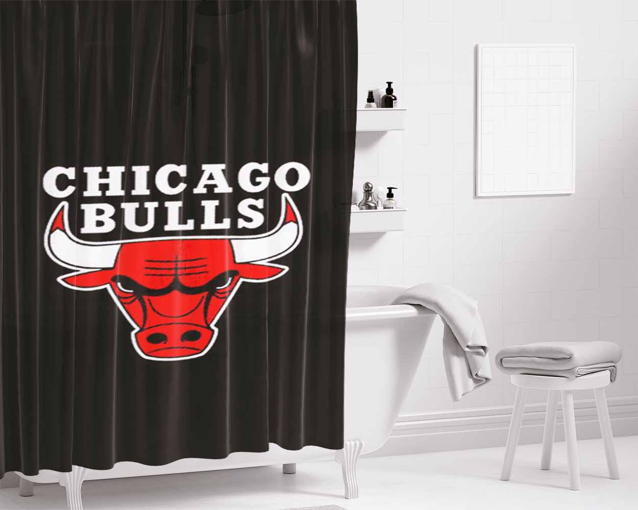 Chicago Bulls Logo Black Bathroom Shower Curtain Fabric Waterproof | 66 X 72 Inch