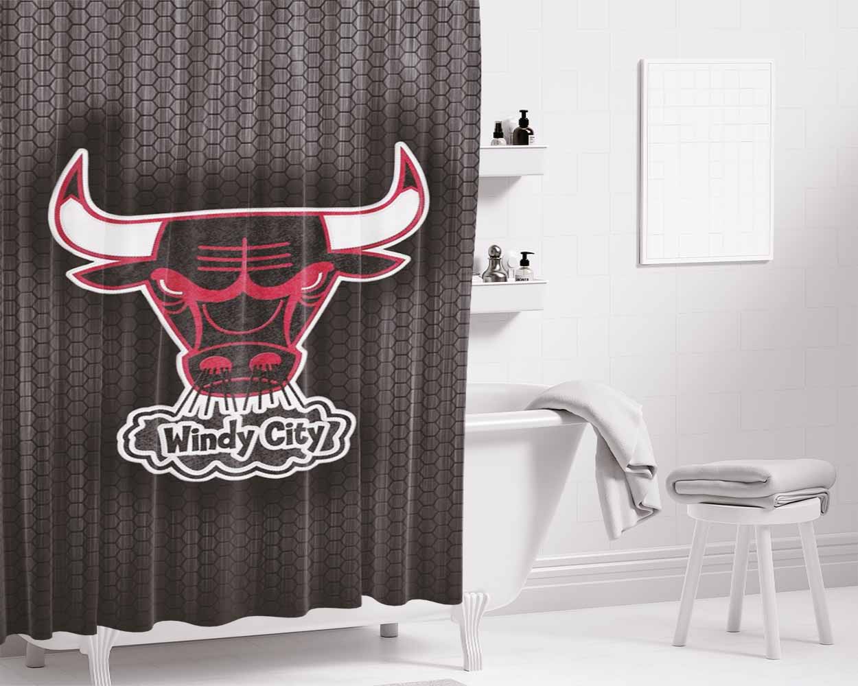 Chicago Bulls Windy City Logo Black Iron Textu Bathroom Shower Curtain Fabric Waterproof | 66 X 72 Inch