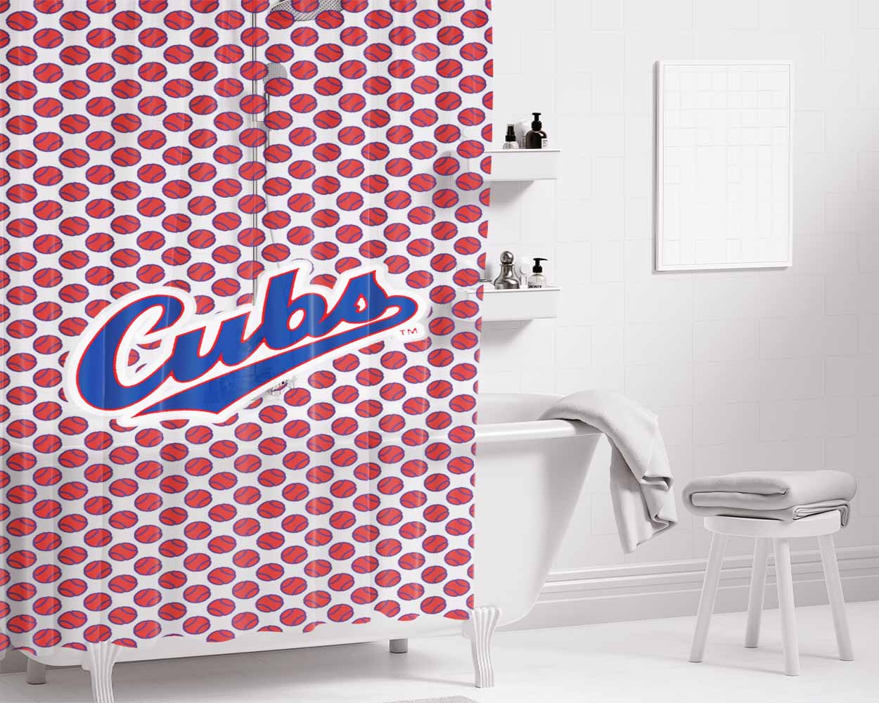 Chicago Cubs Baseball Polka Dot Bathroom Shower Curtain Fabric Waterproof | 66 X 72 Inch