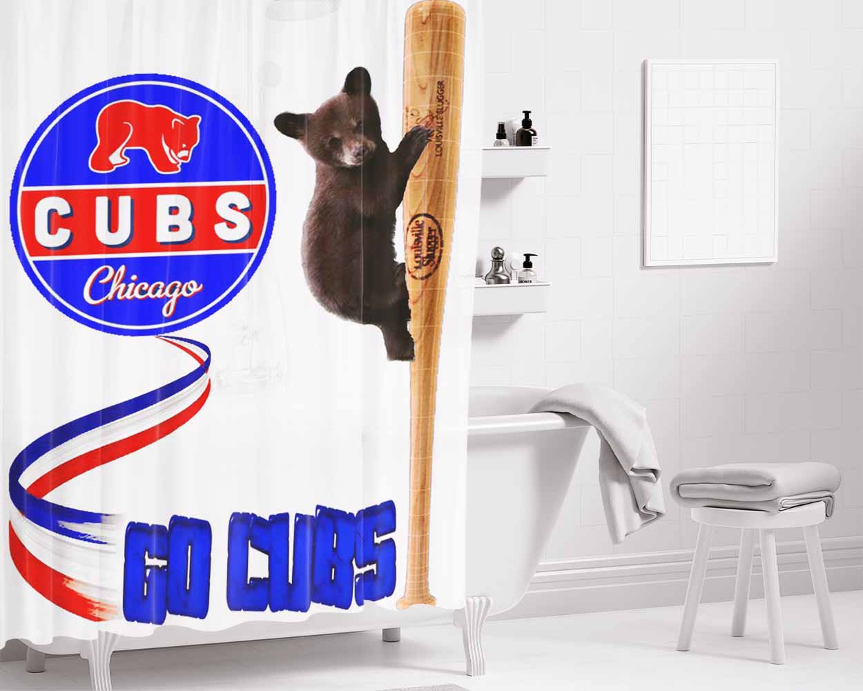 Chicago Cubs Bear And Baseball Clu Bathroom Shower Curtain Fabric Waterproof | 66 X 72 Inch