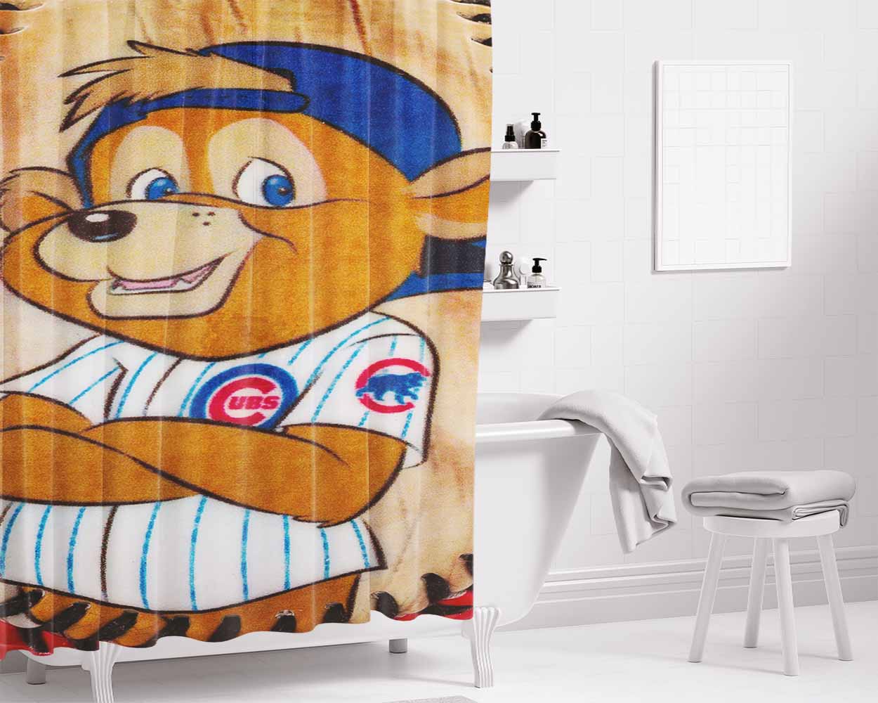 Chicago Cubs Bear Ball Bathroom Shower Curtain Fabric Waterproof | 66 X 72 Inch