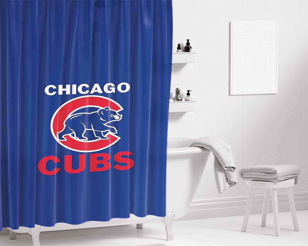 Chicago Cubs Bear Logo Bathroom Shower Curtain Fabric Waterproof | 66 X 72 Inch