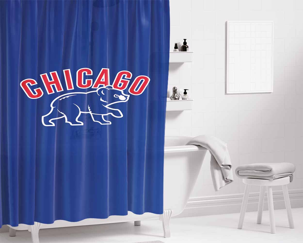 Chicago Cubs Bear Mlb Team Bathroom Shower Curtain Fabric Waterproof | 66 X 72 Inch