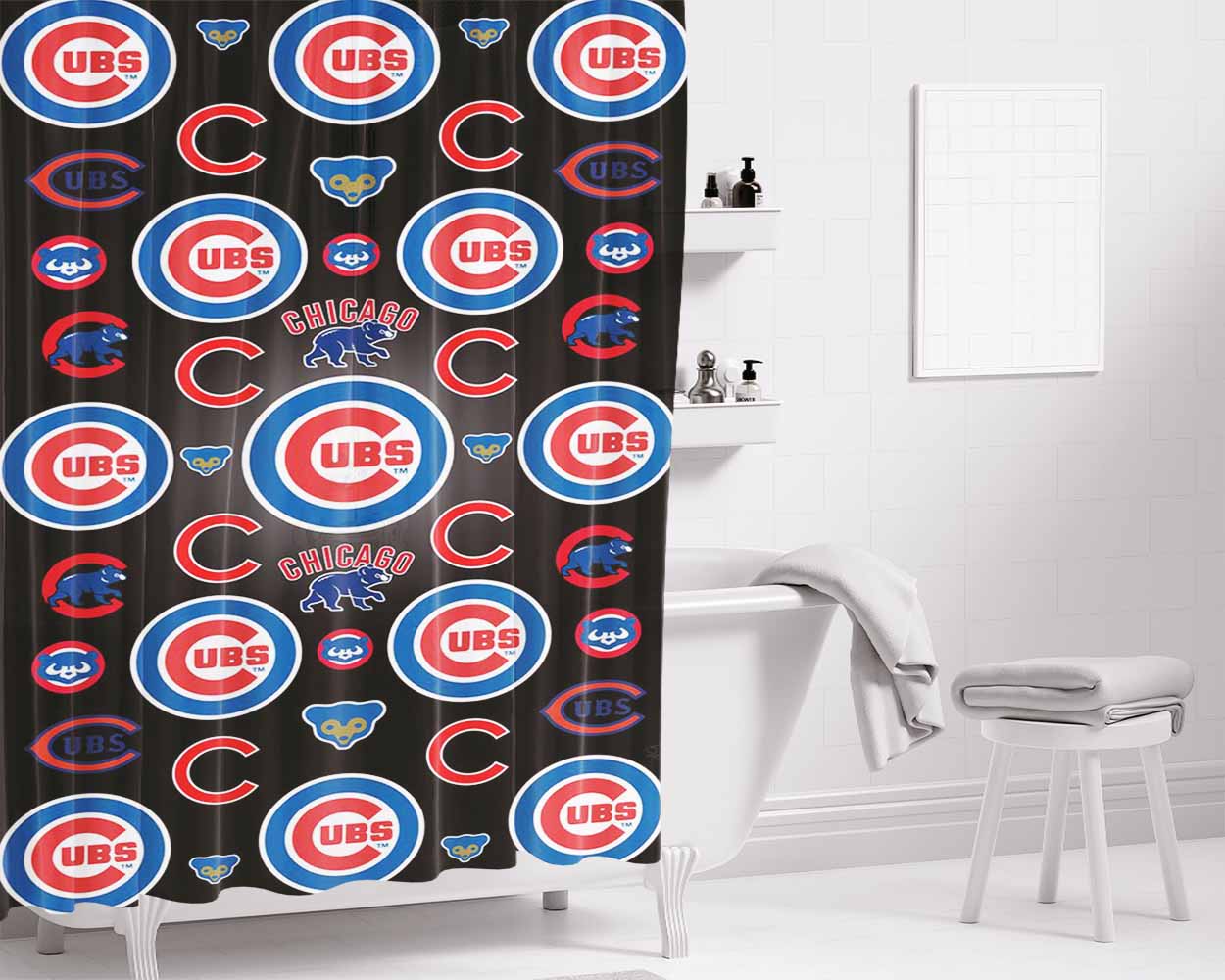Chicago Cubs Bear P Bathroom Shower Curtain Fabric Waterproof | 66 X 72 Inch