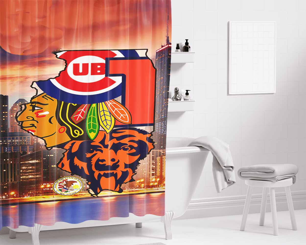 Chicago Cubs Bears Blackhawks 1 Bathroom Shower Curtain Fabric Waterproof | 66 X 72 Inch