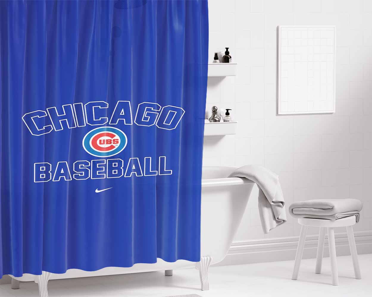 Chicago Cubs Blue Bathroom Shower Curtain Fabric Waterproof | 66 X 72 Inch