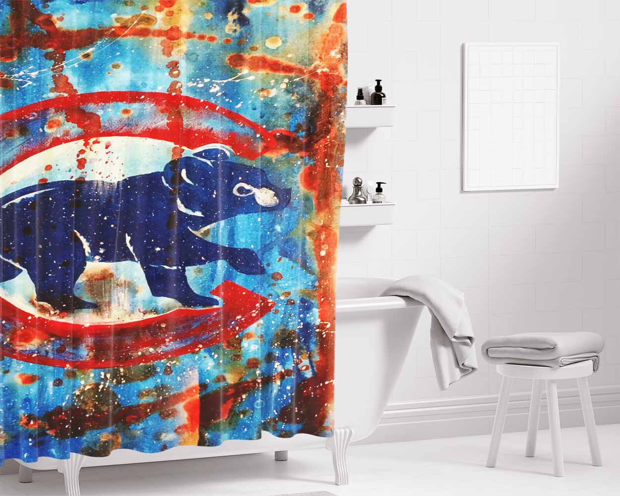 Chicago Cubs Brushes Splatter Art Bathroom Shower Curtain Fabric Waterproof | 66 X 72 Inch