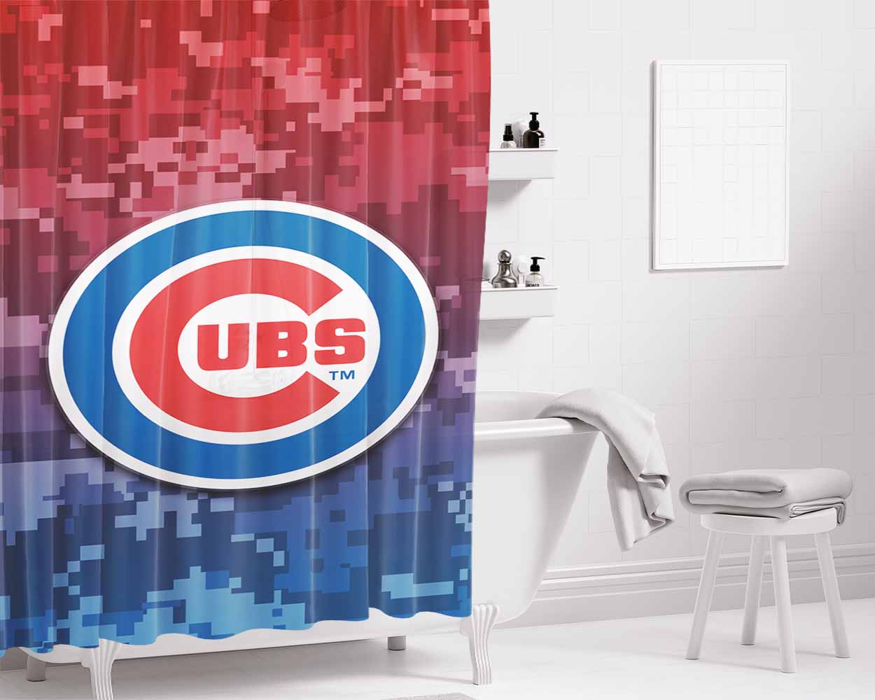 Chicago Cubs Logo Camo Bathroom Shower Curtain Fabric Waterproof | 66 X 72 Inch