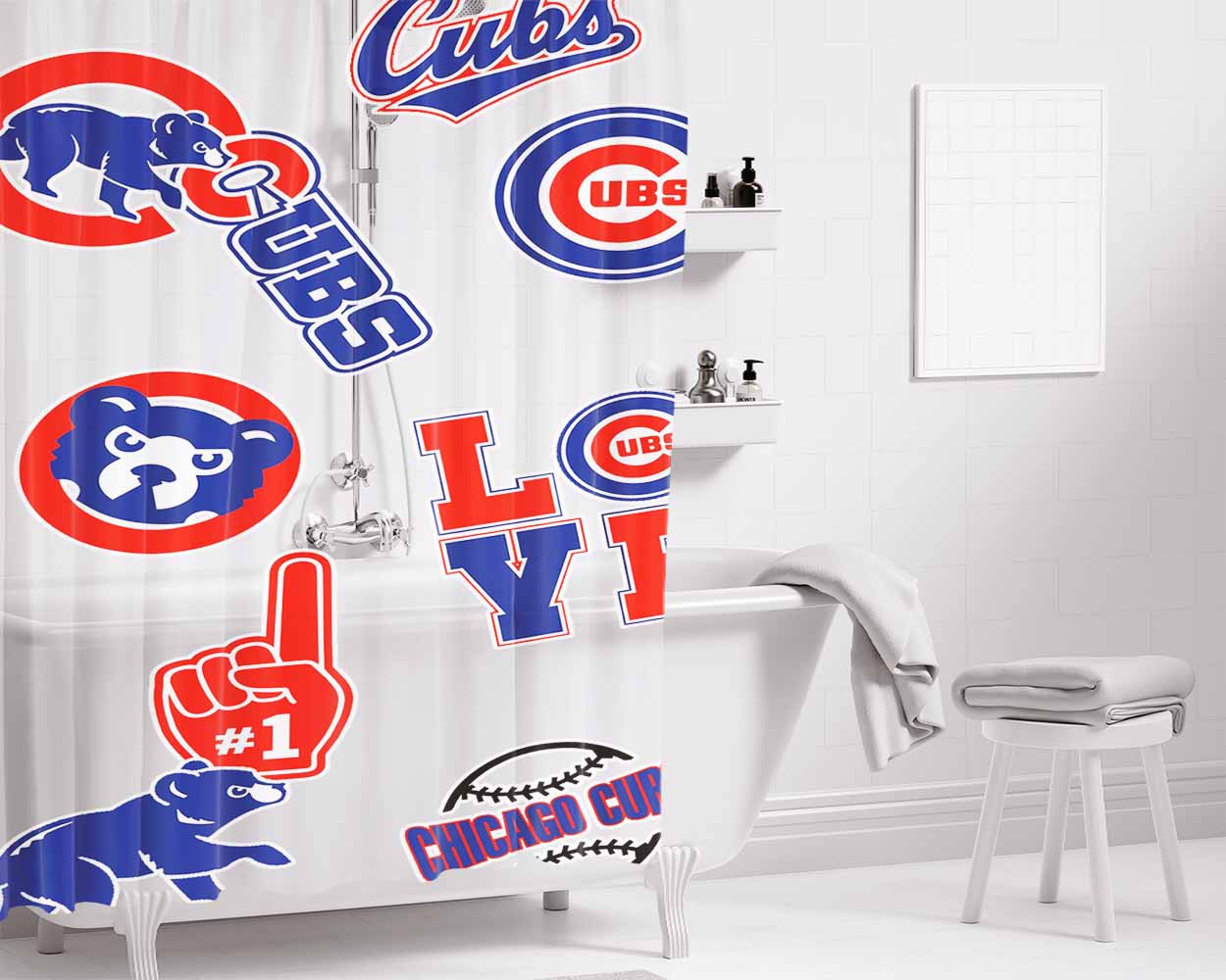 Chicago Cubs Logo Collage Bathroom Shower Curtain Fabric Waterproof | 66 X 72 Inch