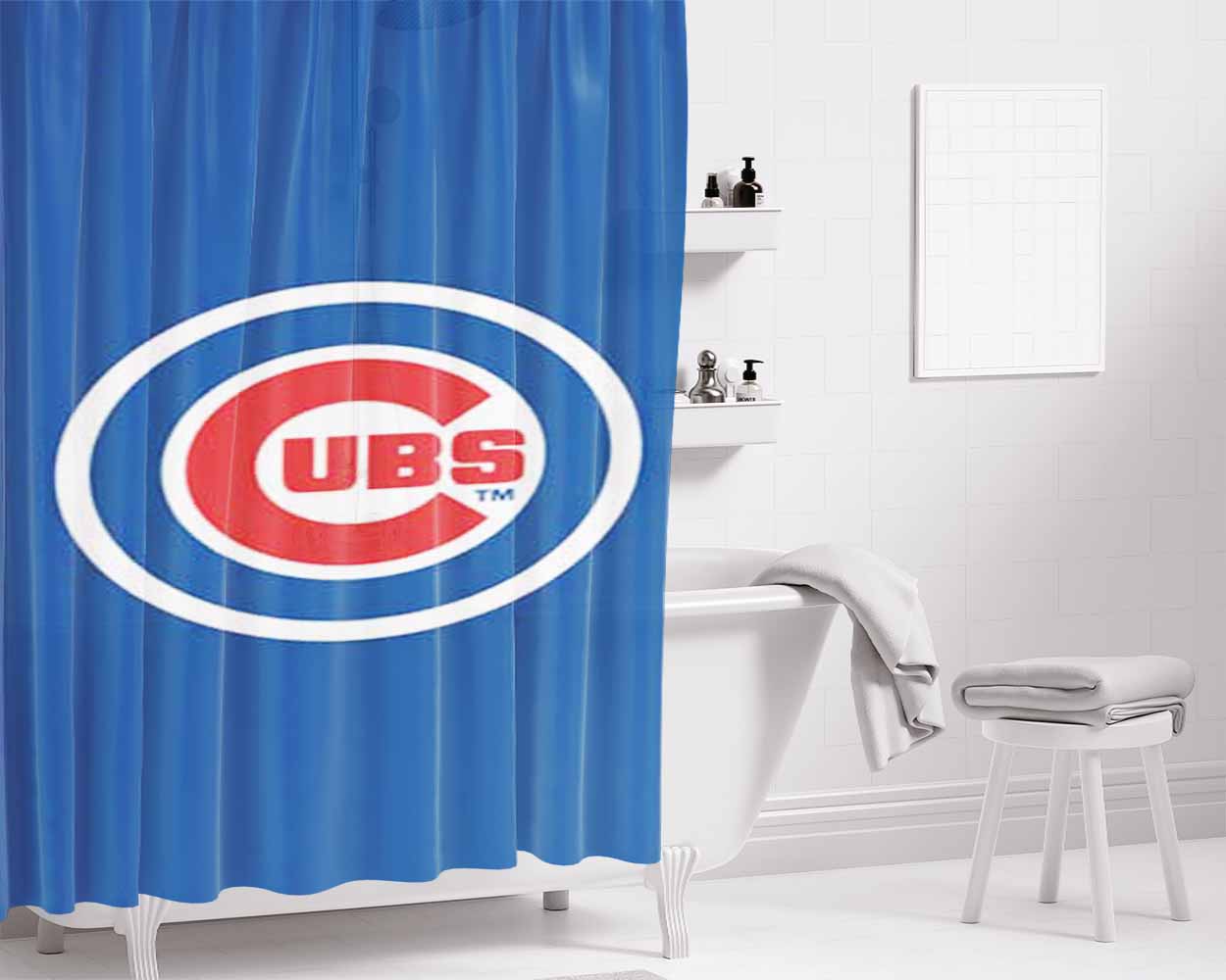 Chicago Cubs Logo On Blue Bathroom Shower Curtain Fabric Waterproof | 66 X 72 Inch