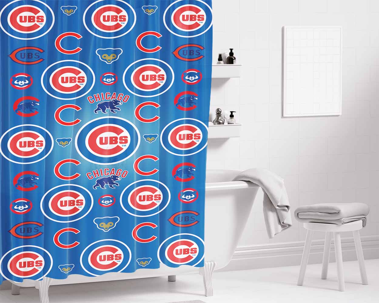 Chicago Cubs Logo Pattern Blue Bathroom Shower Curtain Fabric Waterproof | 66 X 72 Inch