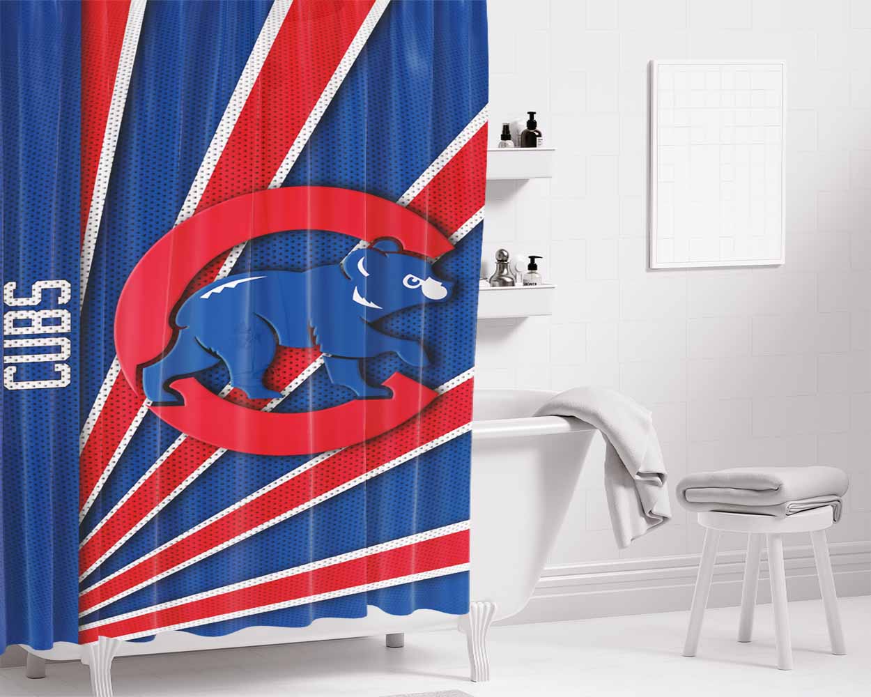 Chicago Cubs Logo Stripe 2 Bathroom Shower Curtain Fabric Waterproof | 66 X 72 Inch