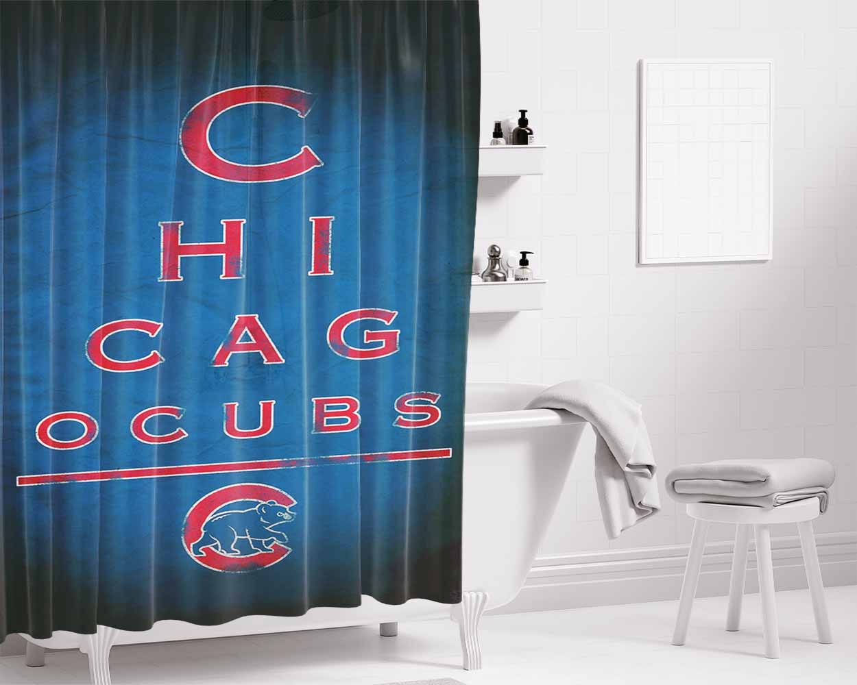 Chicago Cubs Mlb Blue Wallpaper Minimalist Bathroom Shower Curtain Fabric Waterproof | 66 X 72 Inch