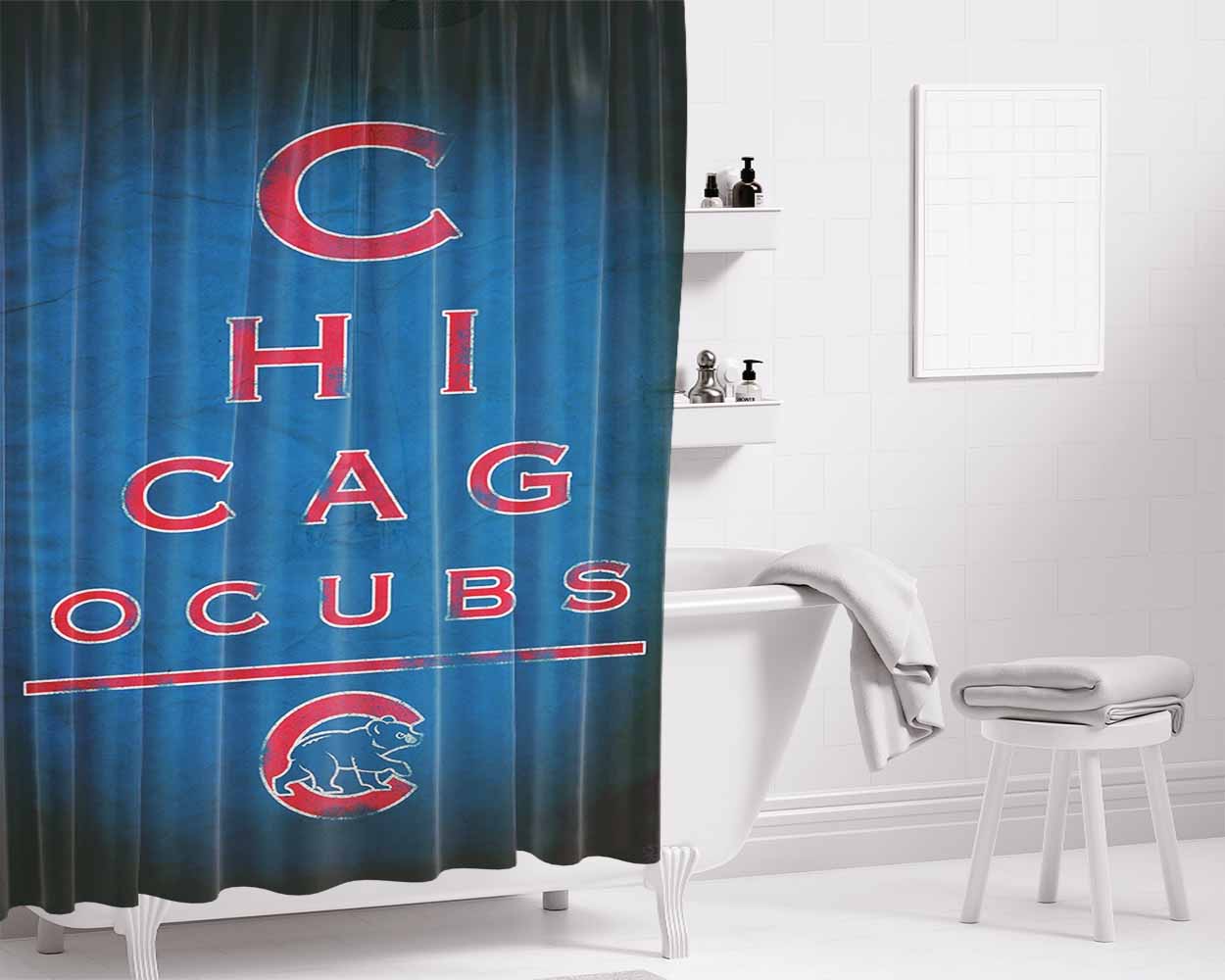 Chicago Cubs Mlb Blue Bathroom Shower Curtain Fabric Waterproof | 66 X 72 Inch