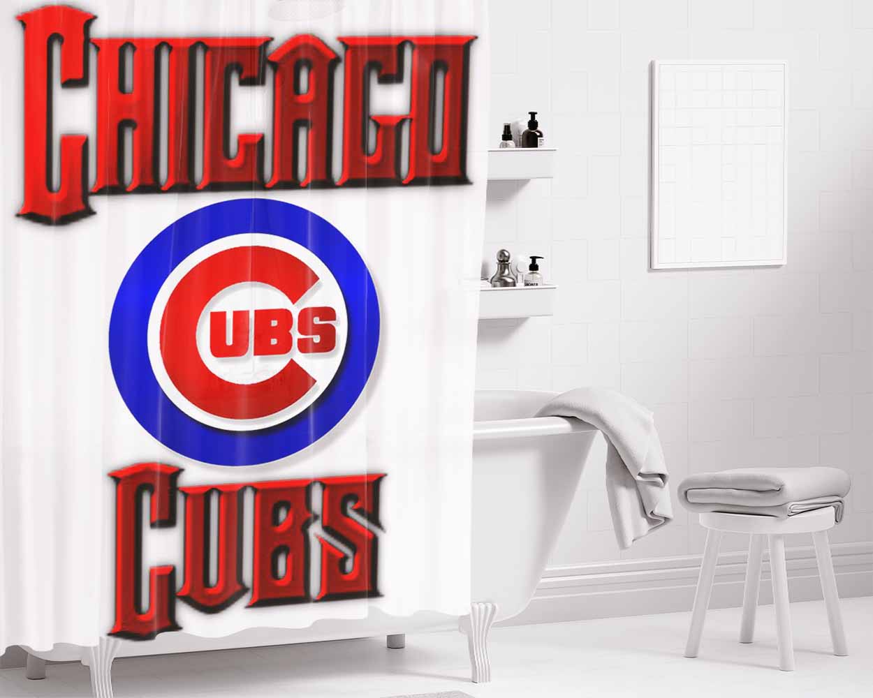 Chicago Cubs Red Text Bathroom Shower Curtain Fabric Waterproof | 66 X 72 Inch