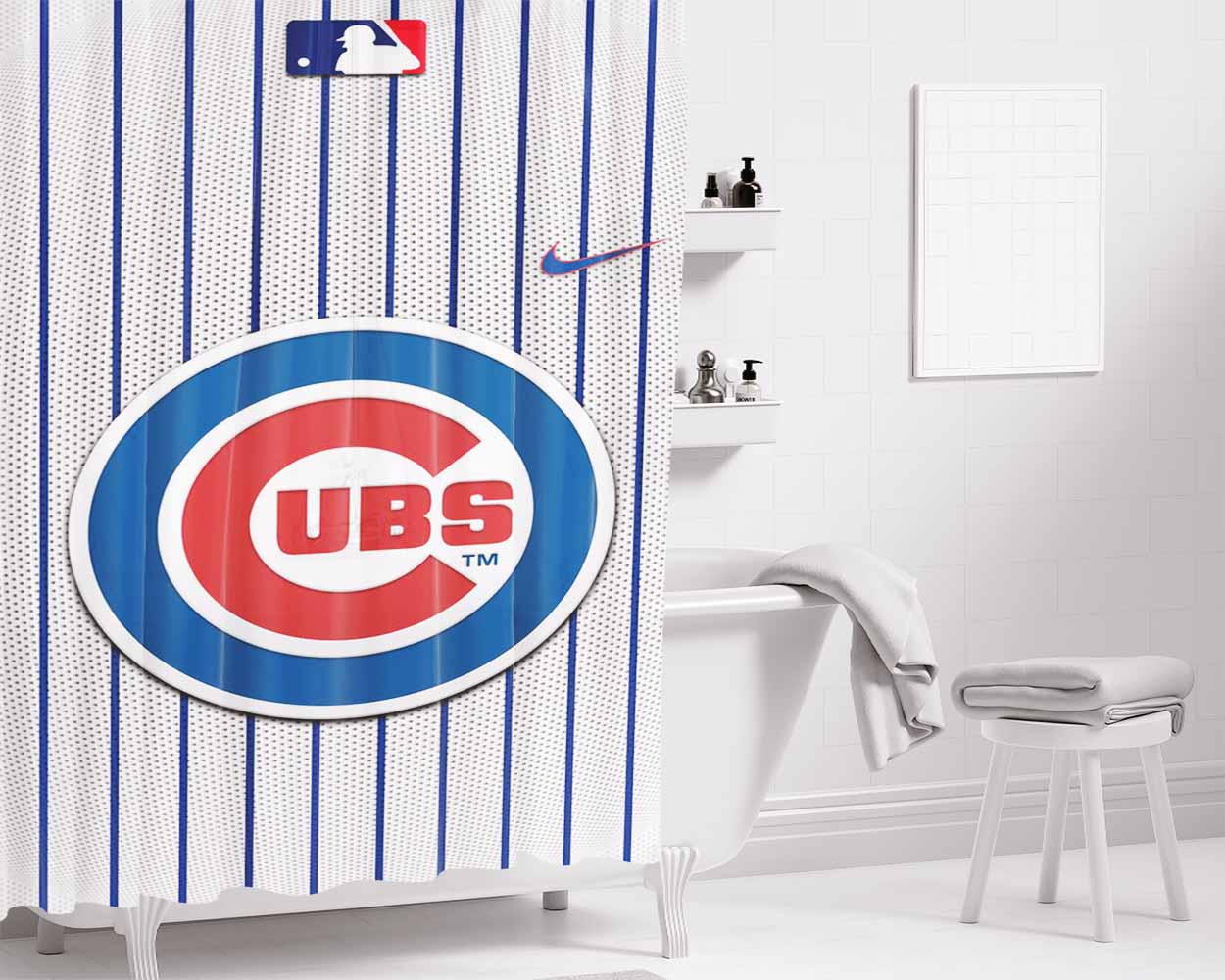 Chicago Cubs Stripe Cente Bathroom Shower Curtain Fabric Waterproof | 66 X 72 Inch
