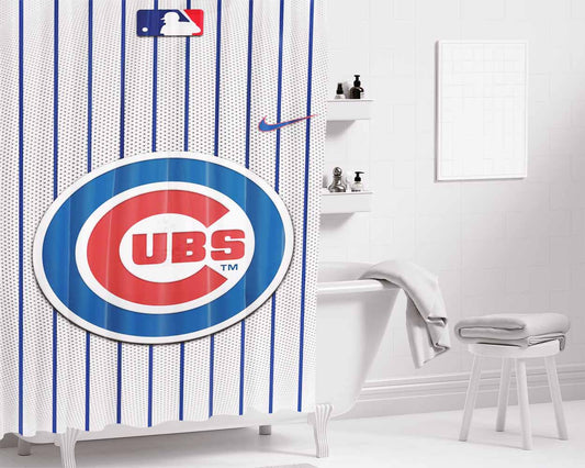 Chicago Cubs Stripe Cente Bathroom Shower Curtain Fabric Waterproof | 66 X 72 Inch