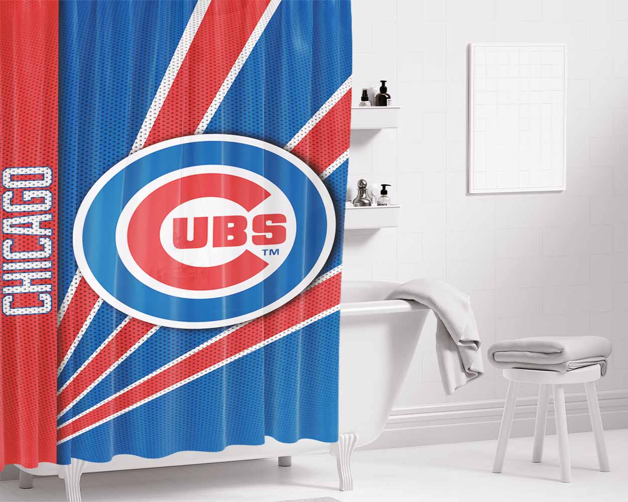 Chicago Cubs Stripe Wallpaper Bathroom Shower Curtain Fabric Waterproof | 66 X 72 Inch