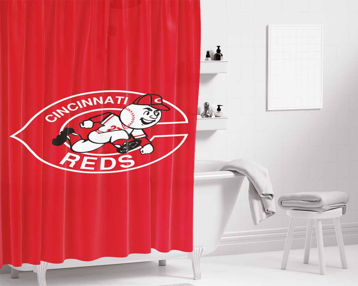 Cincinnati Red Logo Bathroom Shower Curtain Fabric Waterproof | 66 X 72 Inch