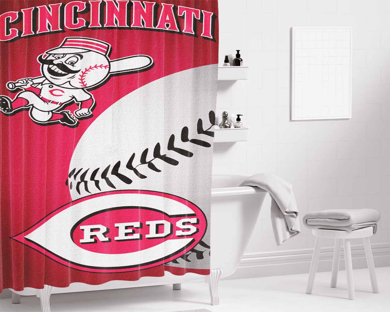 Cincinnati Red Wallpaper Bathroom Shower Curtain Fabric Waterproof | 66 X 72 Inch