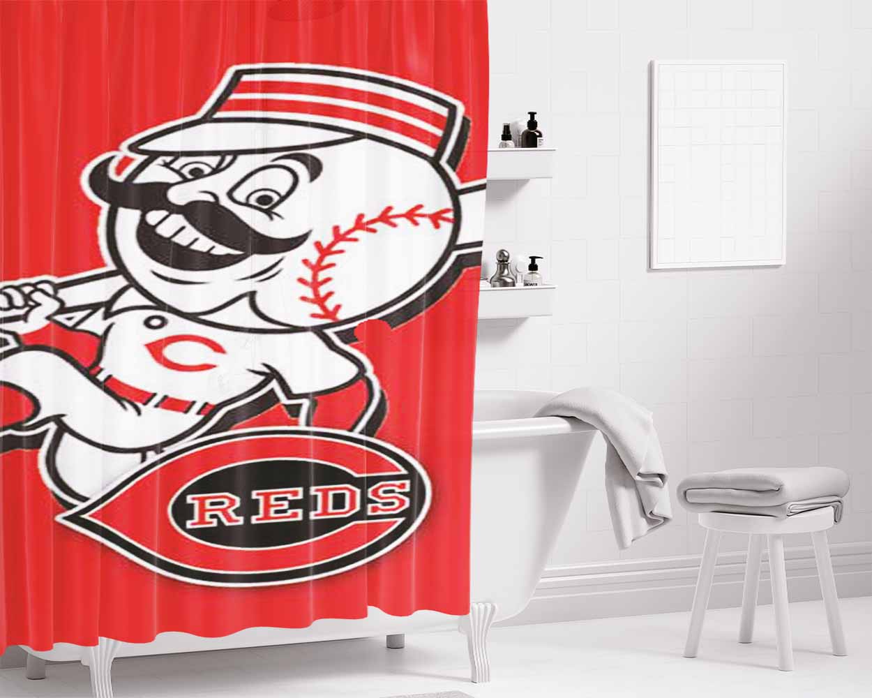 Cincinnati Reds Mustache Guy Red Bathroom Shower Curtain Fabric Waterproof | 66 X 72 Inch