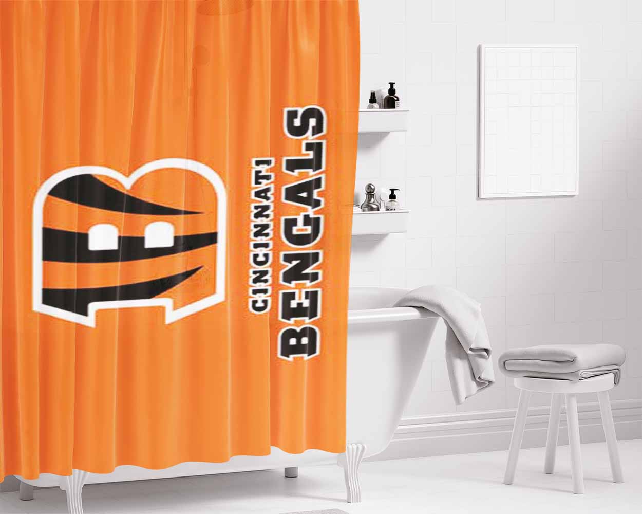 Cinncinnati Bengals Logo On Orange Bathroom Shower Curtain Fabric Waterproof | 66 X 72 Inch