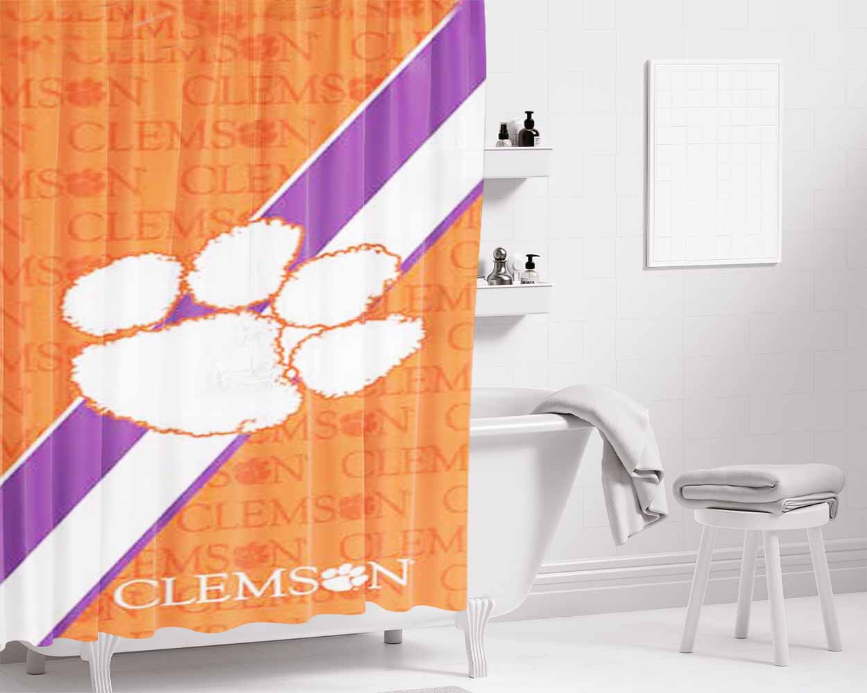 Clemson Tigers Logo Repeat Bathroom Shower Curtain Fabric Waterproof | 66 X 72 Inch