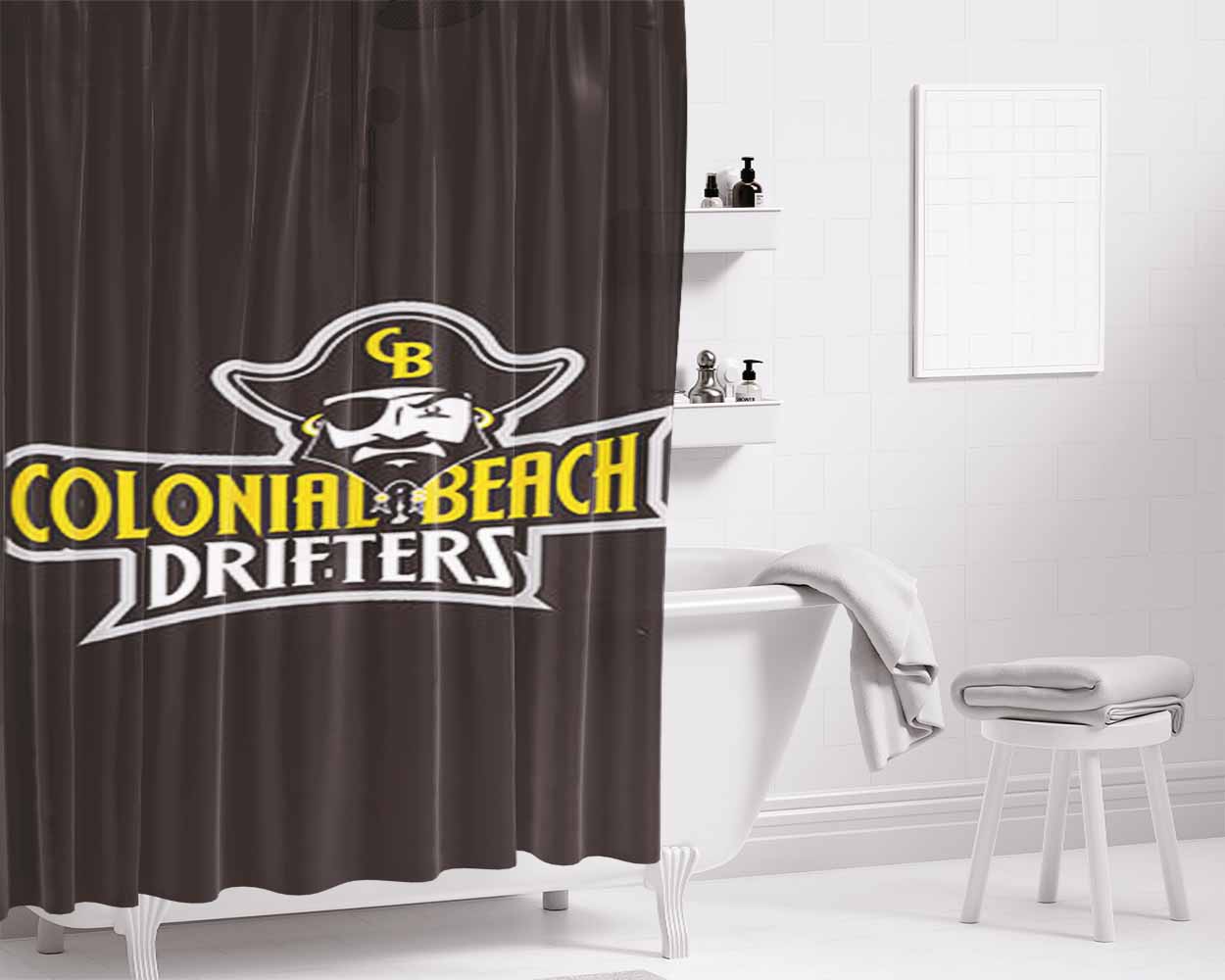 Colonial Beach Drifters Baseball Logo Black Bathroom Shower Curtain Fabric Waterproof | 66 X 72 Inch
