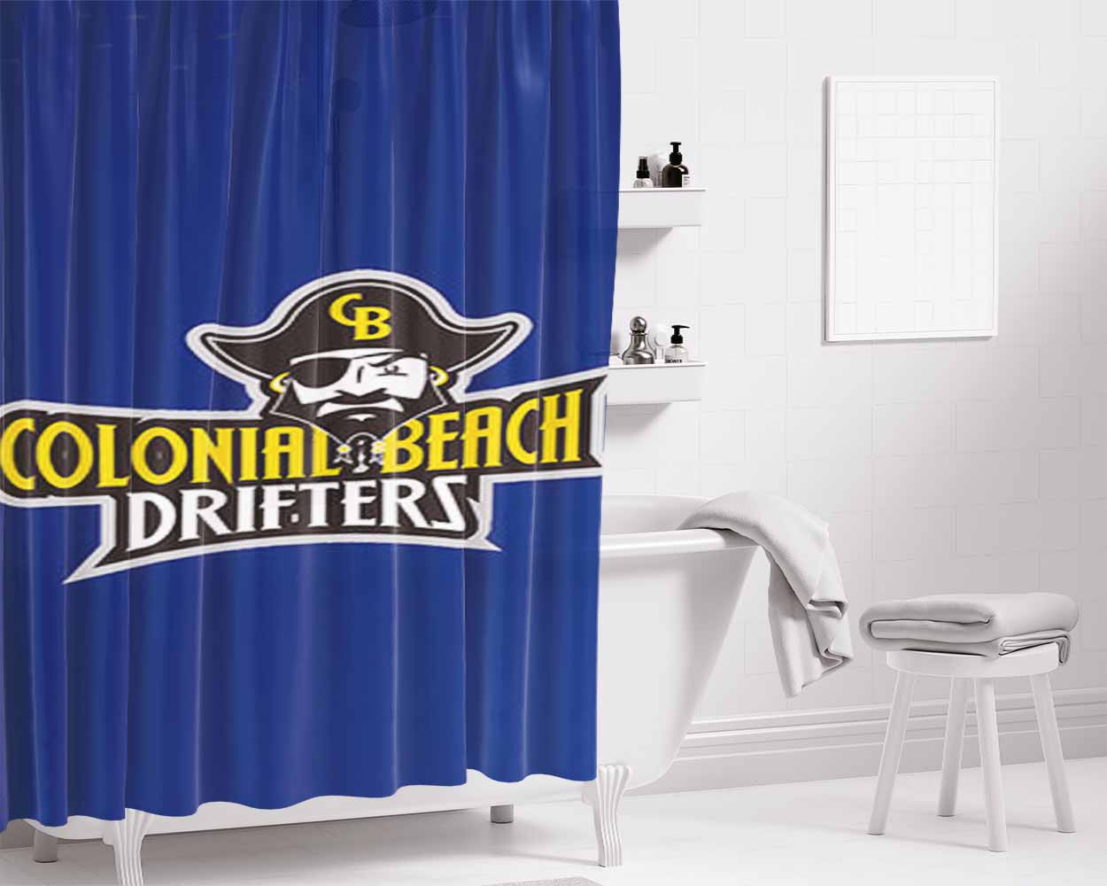 Colonial Beach Drifters Baseball Logo Blue Bathroom Shower Curtain Fabric Waterproof | 66 X 72 Inch