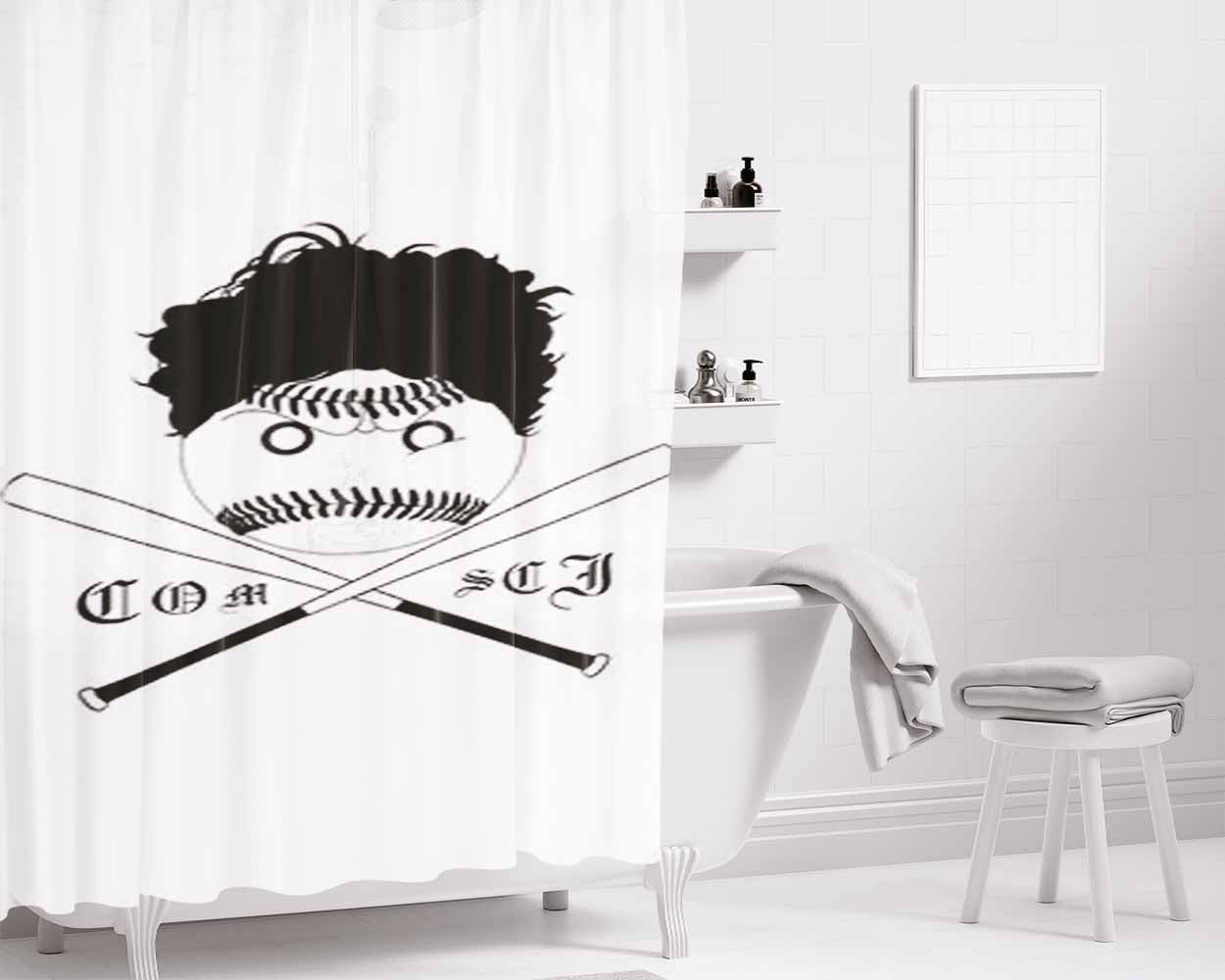 Comsci Baseball Logo White Bathroom Shower Curtain Fabric Waterproof | 66 X 72 Inch