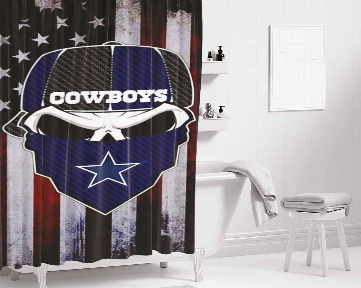 Dallas Cowboys Skull Usa Flag Bathroom Shower Curtain Fabric Waterproof | 66 X 72 Inch