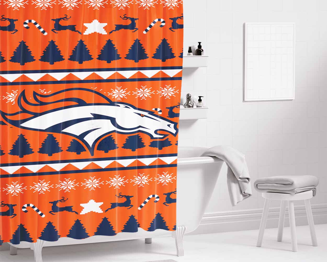 Denver Broncos Christmas Sweater Bathroom Shower Curtain Fabric Waterproof | 66 X 72 Inch