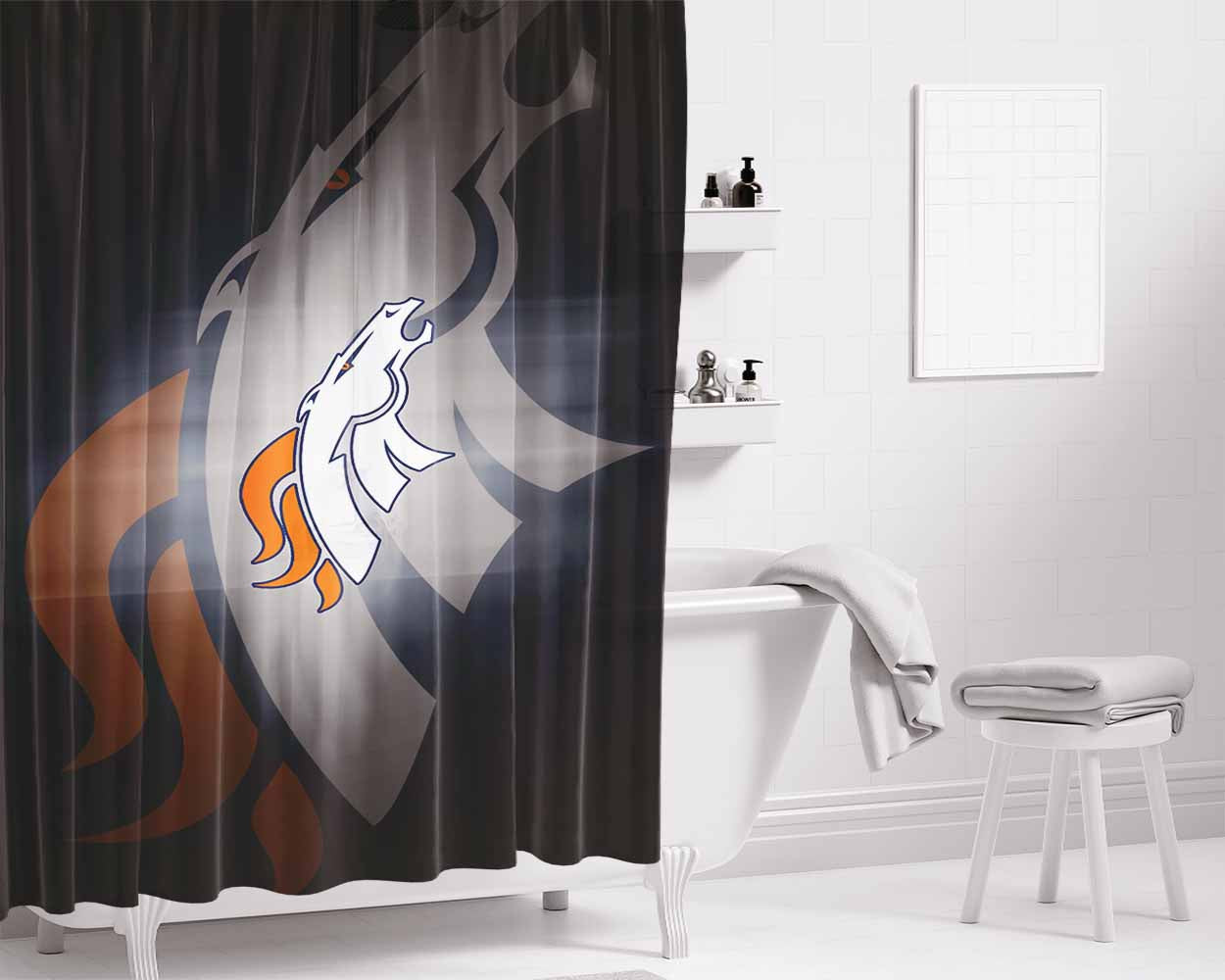 Denver Broncos Emblem And Silhouette Flag Bathroom Shower Curtain Fabric Waterproof | 66 X 72 Inch
