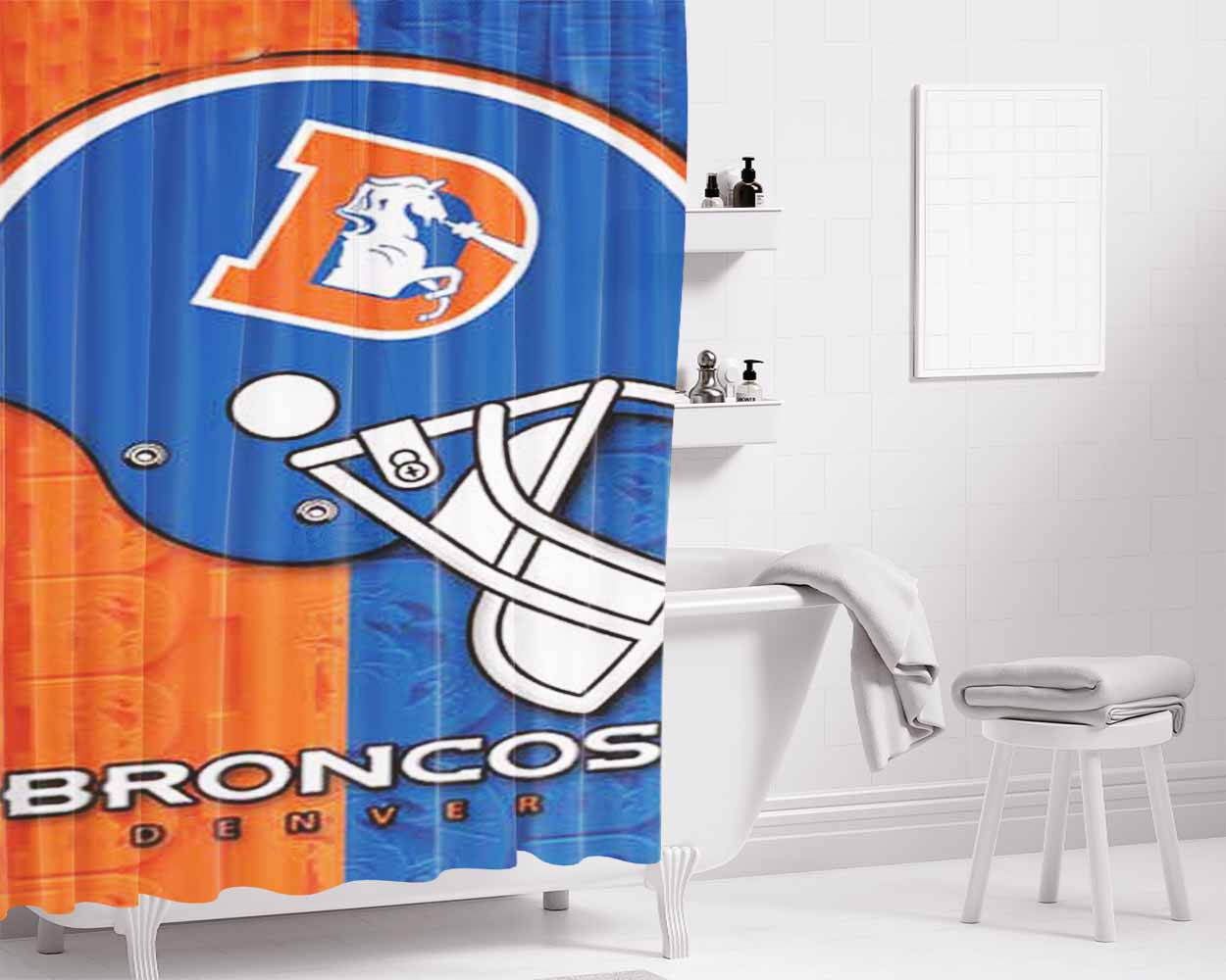 Denver Broncos Embossed Logos Helmet Bathroom Shower Curtain Fabric Waterproof | 66 X 72 Inch