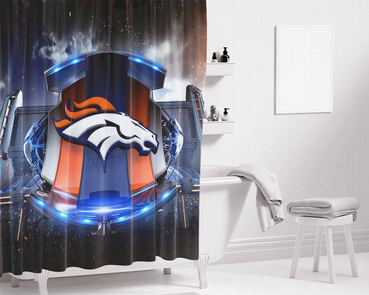 Denver Broncos Football Team Emblem Bathroom Shower Curtain Fabric Waterproof | 66 X 72 Inch