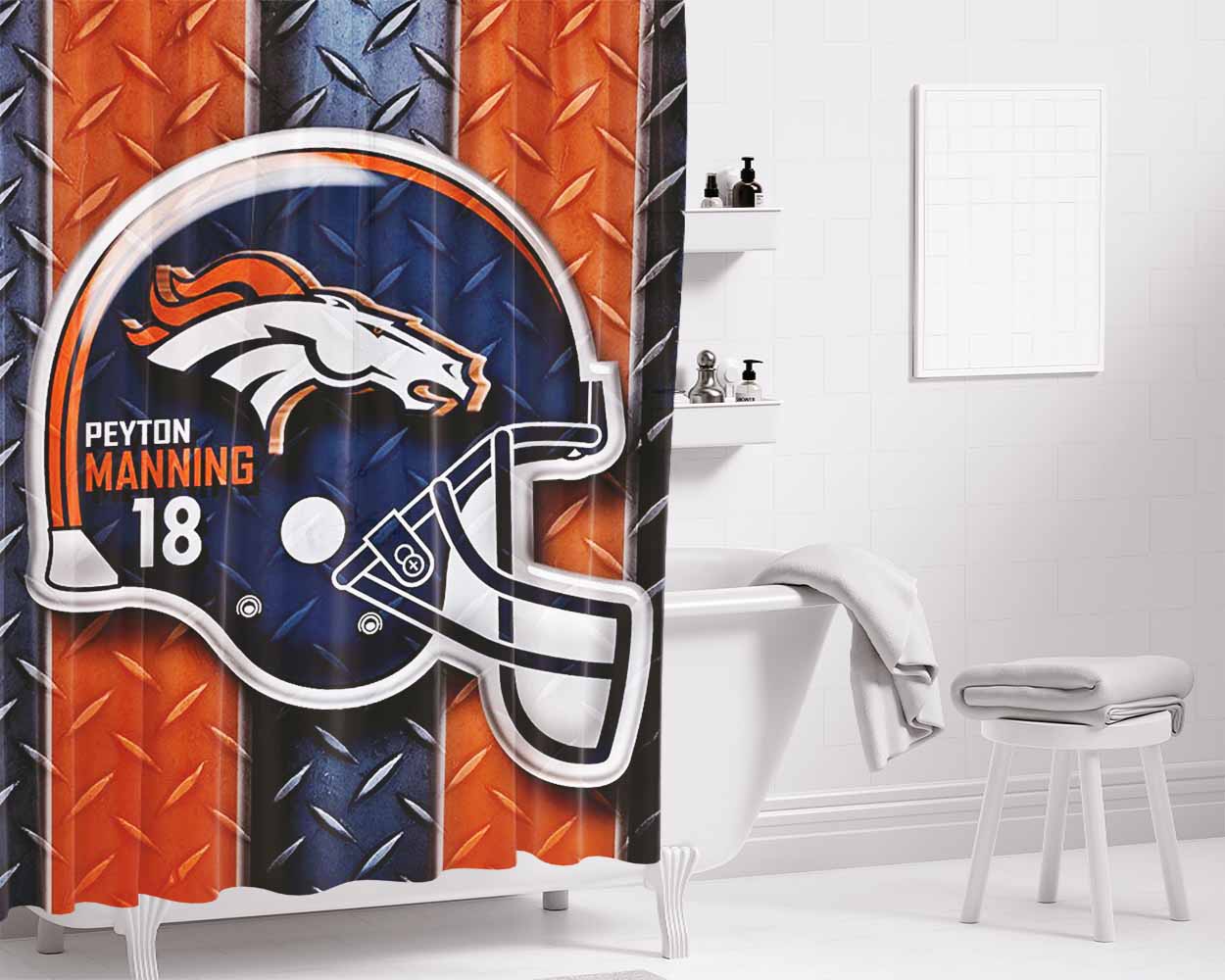 Denver Broncos Football Team Peyton Manning 18 Bathroom Shower Curtain Fabric Waterproof | 66 X 72 Inch