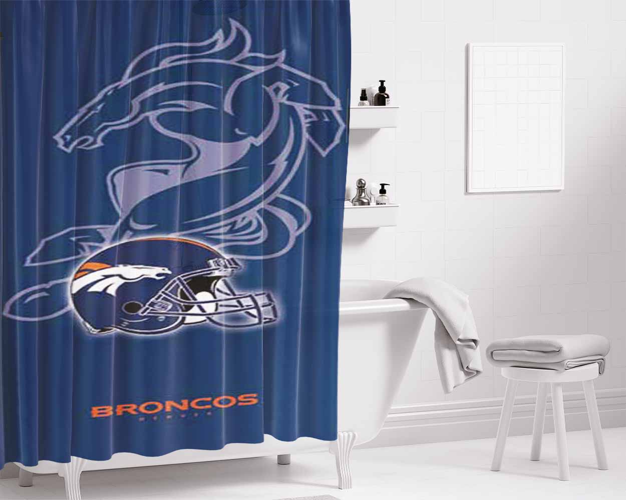 Denver Broncos Helmet On Blue Bathroom Shower Curtain Fabric Waterproof | 66 X 72 Inch