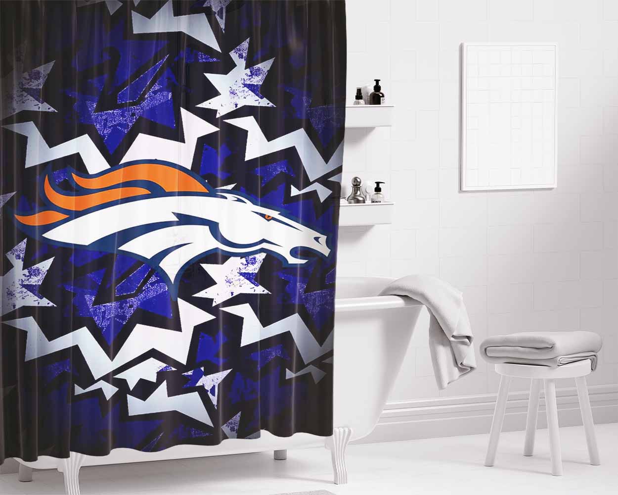 Denver Broncos Logo Computer Bathroom Shower Curtain Fabric Waterproof | 66 X 72 Inch