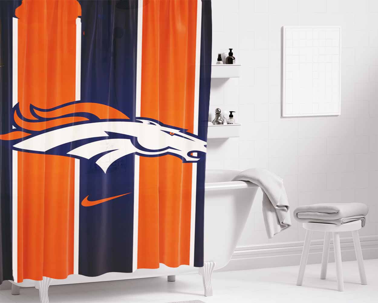 Denver Broncos Logo Stripes Bathroom Shower Curtain Fabric Waterproof | 66 X 72 Inch