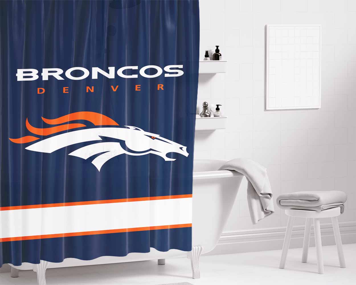 Denver Broncos Logo Wallpaper Bathroom Shower Curtain Fabric Waterproof | 66 X 72 Inch