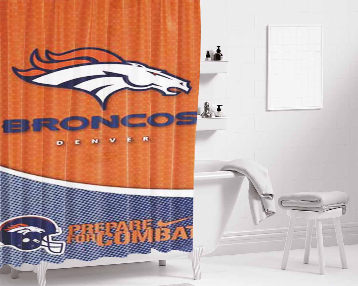 Denver Broncos Orange Blue Bathroom Shower Curtain Fabric Waterproof | 66 X 72 Inch