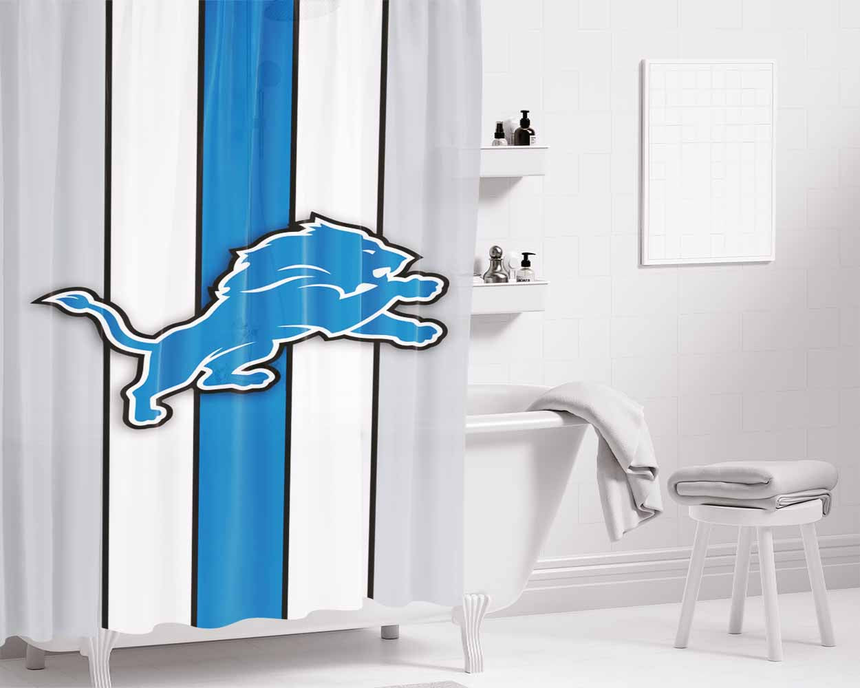 Detroit Lions Blue Football Logo Bathroom Shower Curtain Fabric Waterproof | 66 X 72 Inch